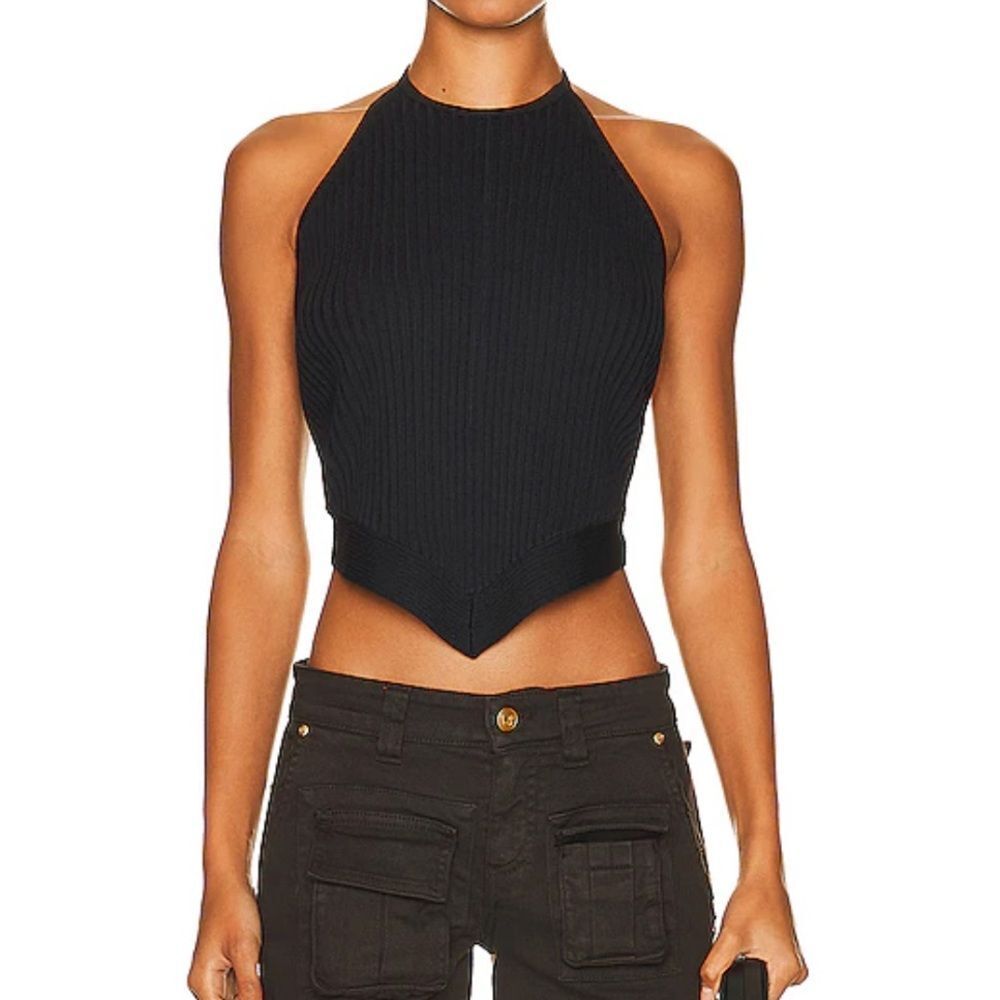 Ganni Black Ribbed Halter Crop Top